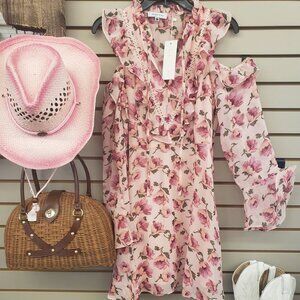 New with tags Ladies cold off shoulder pretty  pink floral sundress size small